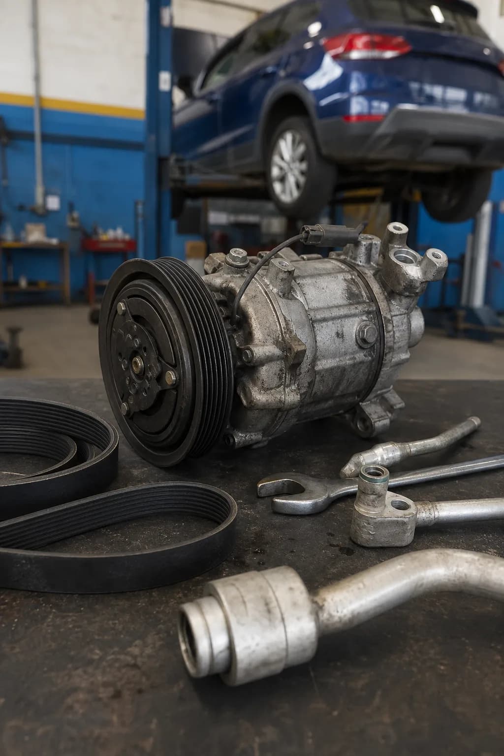 Compresor de aire acondicionado automotriz en reparación