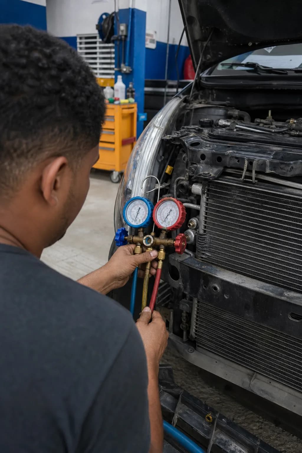 Técnico midiendo la presión del sistema de aire acondicionado de un vehículo